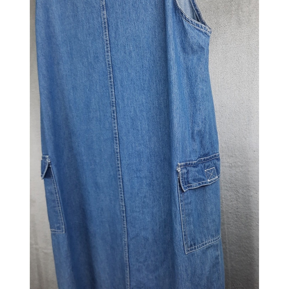 Vtg Denim Jumper Dress Maxi Button Front Cargo Pockets Medium Utility 90s Y2K - Picture 5 of 16